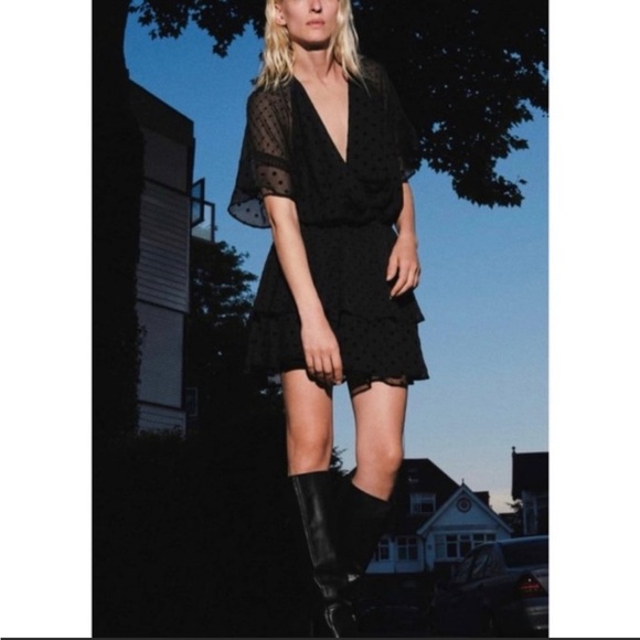 ZARA Black Polka Dot Deep V Neck Mini Dress - Picture 2 of 9